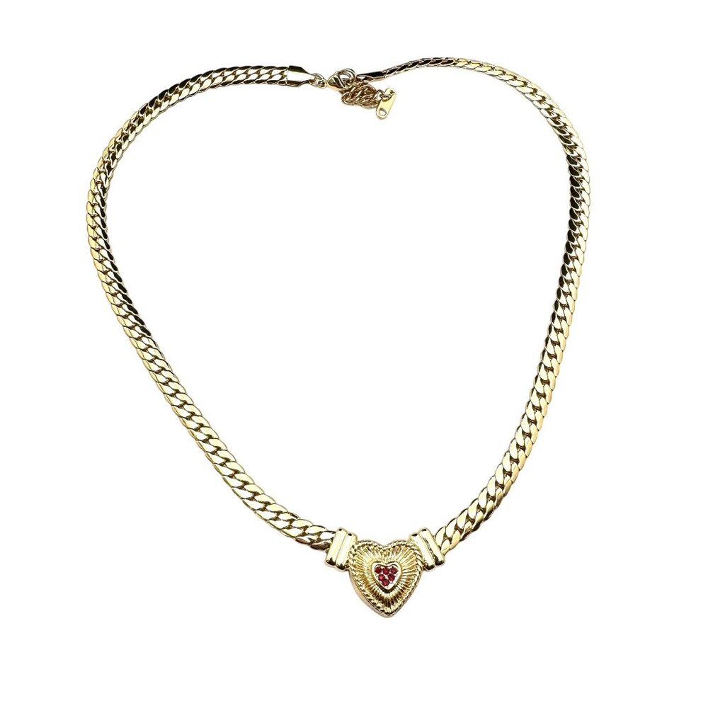 Womens Necklace Red Crystal Heart Gold Plated Choker Elegant Classic Design